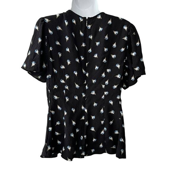 Rebecca Taylor Brigette Blouse Size 10 Hammered Silk Flutter Sleeve Black Floral - Picture 7 of 11